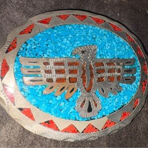 Vintage 1970’s Southwestern Thunderbird Belt Buckle. Turquoise & Red Chip Inlay